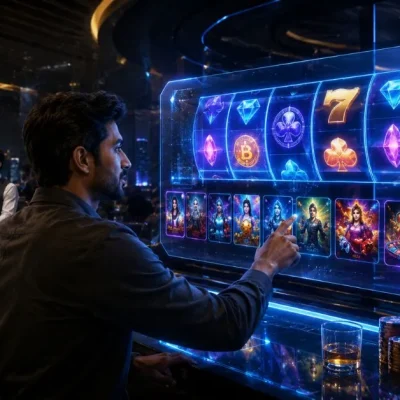 Indian player exploring futuristic crypto casino slots, live dealer games and digital currencies on a neon holographic interface.