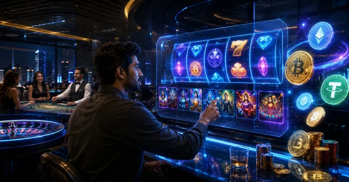 Indian player exploring futuristic crypto casino slots, live dealer games and digital currencies on a neon holographic interface.