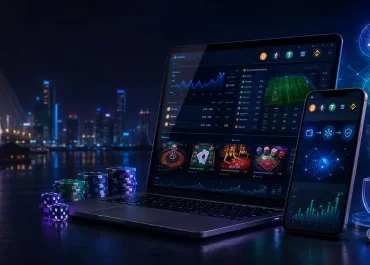 Futuristic crypto casino dashboard with Bitcoin, Ethereum, gaming chips and secure blockchain payment technology.