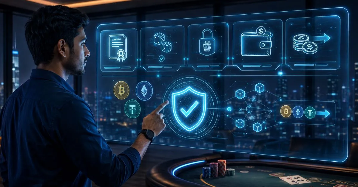 Indian user reviewing crypto casino security features, including licensing, provably fair games, wallet protection and secure withdrawals.