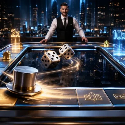 Futuristic live dice game with a metallic top hat, rolling dice, glowing houses, multipliers and a casino host.