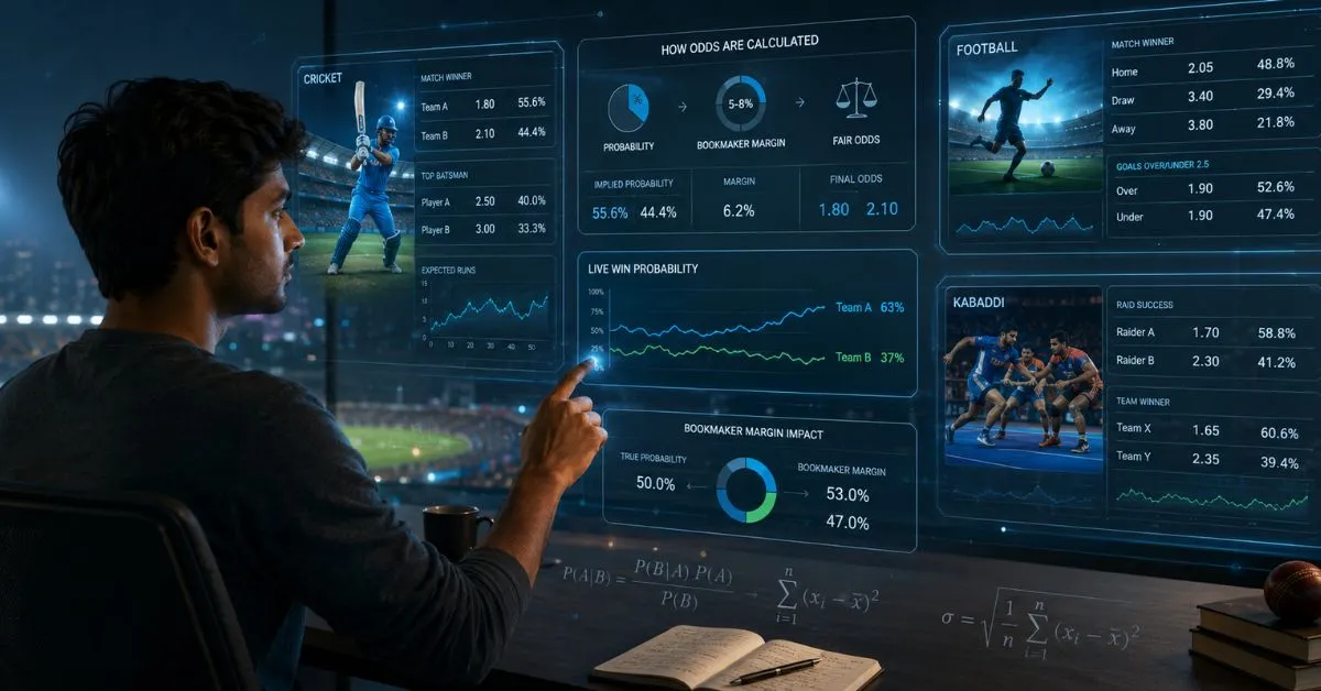 Indian sports analyst reviewing futuristic probability charts and odds for cricket, football and kabaddi on holographic screens.