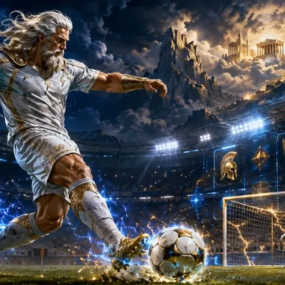 Zeus-inspired footballer taking a lightning-charged penalty kick in a futuristic stadium with Olympus and glowing slot symbols.