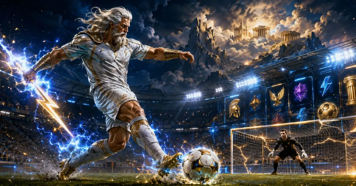 Zeus-inspired footballer taking a lightning-charged penalty kick in a futuristic stadium with Olympus and glowing slot symbols.